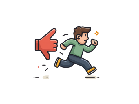 A cartoon man is running away from a hand pointing to the left