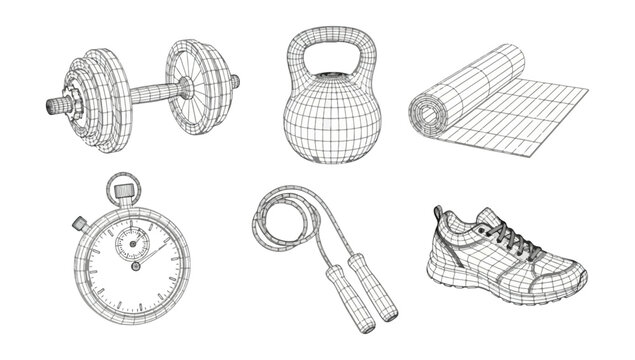 Fitness equipment collection wireframe render isolated