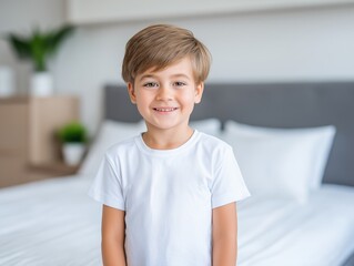 Young boy with light brown hair, wearing a white t-shirt, smiles brightly in a cozy bedroom with a neatly made bed and soft pillows, radiating happiness and innocence