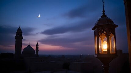 Elegant lantern shines against a serene night sky with crescent moon and silhouette of mosque, perfect for spiritual reflection and peaceful moments