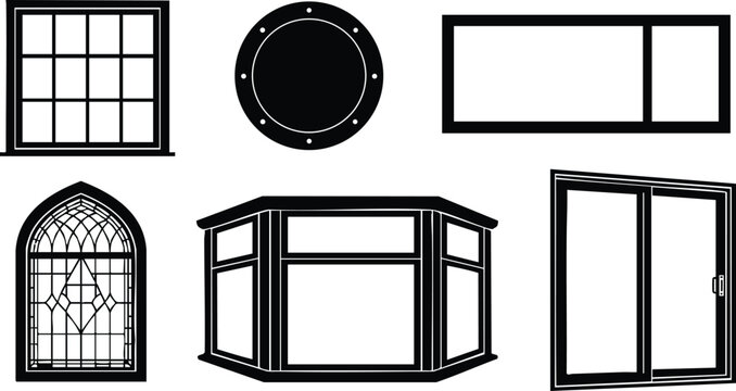 Window designs including stained glass, bay, sliding, and grid styles vector illustration set 