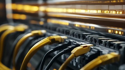 Network cables are visibly connected to a panel in a dimly lit server room. The glowing lights indicate active connections, showcasing modern technology and infrastructure. - Powered by Adobe