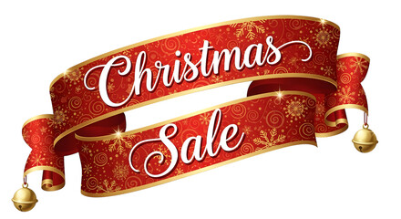 Elegant red christmas sale ribbon with golden ornaments isolated on transparent background