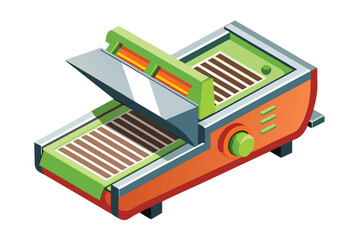 Orange and green isometric device shows brown stripes, a control knob, and vent details