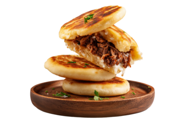 Grilled arepas plain sandwich filled with melted cheese and ground beef on wooden plate, isolated on white transparent background, concept of Latin street food