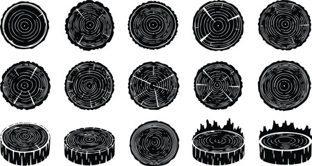 Naklejka premium Tree trunk cross section vector set with natural wood rings and bark textures illustration collection 