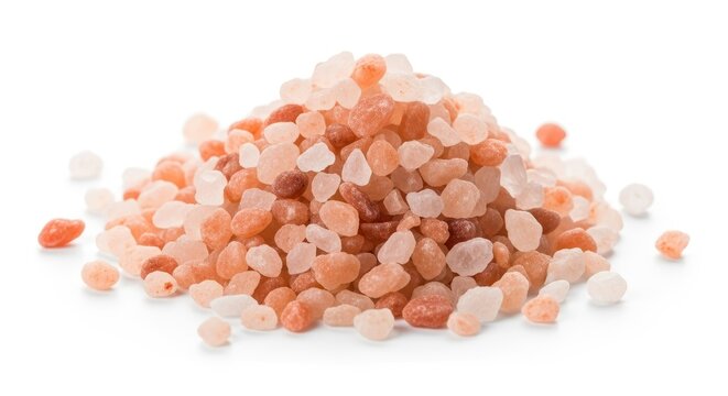 Pile of Himalayan pink salt crystals viewed on a pure white background revealing its texture and