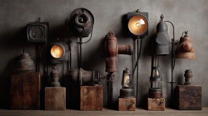 Collection of vintage industrial lights and lanterns displayed on wooden stands