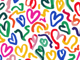 A colorful painting of hearts with different colors and sizes