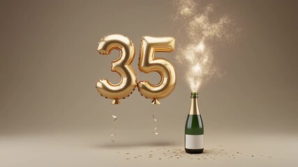 Balloon shaped as number 35, next to popping champagne bottle. Neutral colors for birthday or anniversary - Powered by Adobe