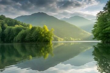 Sunlit Mountain Lake Scenic Reflection Forest Nature Landscape Peaceful Water View Photography