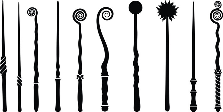 Collection of magic wands with varied designs and shapes vector illustration set for fantasy and wizard themes 