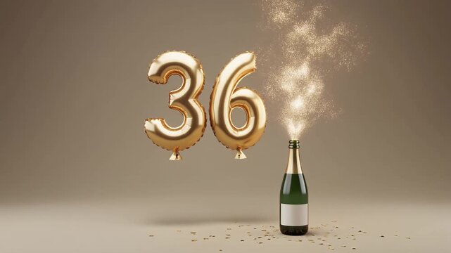 Balloon shaped as number 36, next to popping champagne bottle. Neutral colors for birthday or anniversary