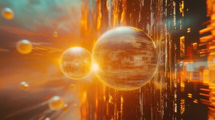 Digital spheres moving through futuristic data stream