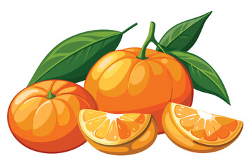 Two vibrant whole oranges sit with slices and lush green leaves