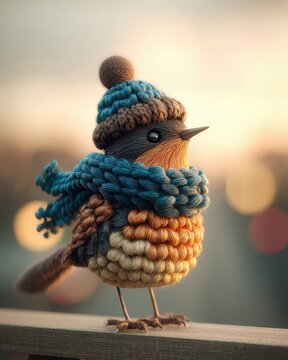 Un gorjeador de cer&aacute;mica con un gorro y bufanda de punto, posado sobre una barandilla con un fondo de atardecer.