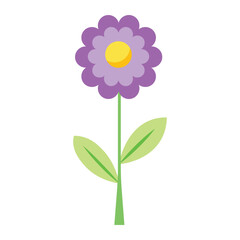 simple purple flower vector icon with yellow center and green leaves