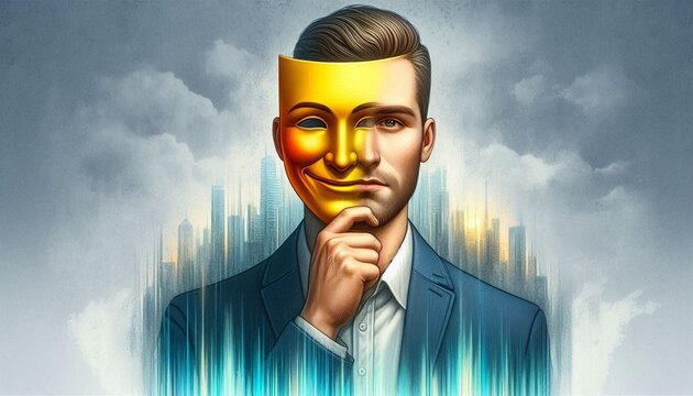 A man with two faces. Mask. A man hiding under a happy mask takes it off. A hypocritical fraudster, insincere, two-faced, changeable mental state