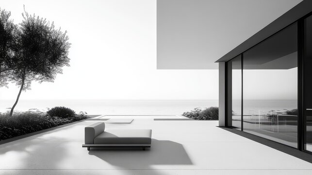 Minimalist modern villa terrace overlooking tranquil sea in black and white - Powered by Adobe