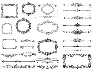 Collection of assorted ornate decorative frames, dividers, and borders in black ink