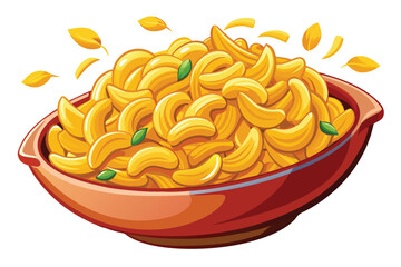 A bowl of cartoon macaroni and cheese is garnished with falling basil leaves