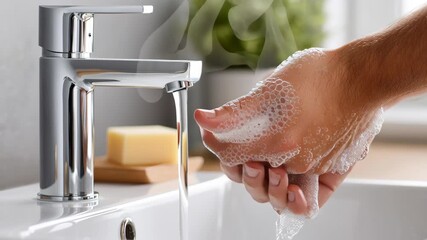 Hand washing with soap under running water for clean hands, hygiene, bathroom sink, healthy lifestyle, daily routine, fresh safe prevention