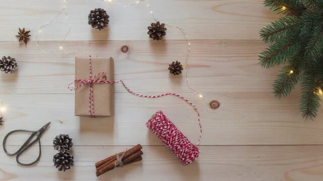 Christmas gift wrapping with pine cones and string lights on wood.