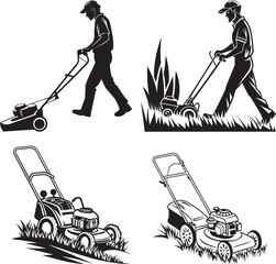 man mowing lawn silhouette vactor template illustration icon,