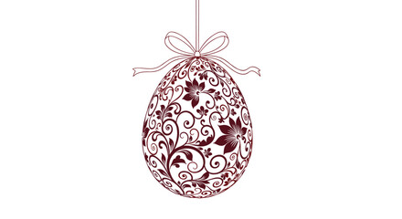 A beautiful ornamental maroon Easter egg hanging with a ribbon and bow on a white background.