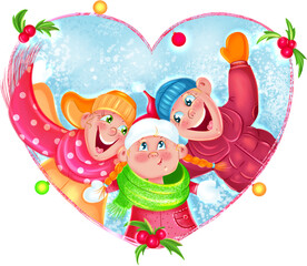 Family. Mom, dad, and baby are lying in the snow and laughing. A postcard for family day, New year. An illustration on a transparent background.