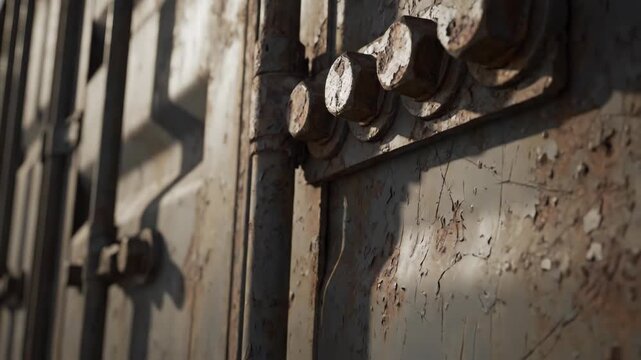 Close up of rustic bolted metal plates on a weathered shipping container door, showing peeling paint and rusted details during daylight.