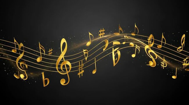 Elegant gold music notes animation on black background with sparkling effects, create beautiful