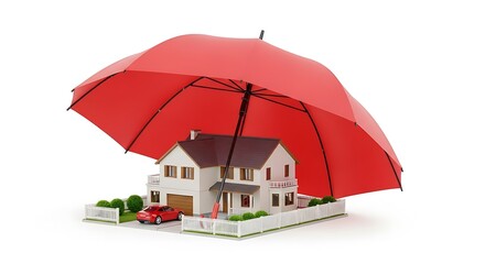 House and car protected by a large red umbrella on white background home automobile