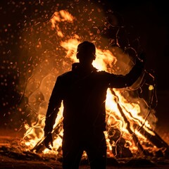 Dramatic silhouette of a person standing powerfully in front of a large crackling bonfire at night
