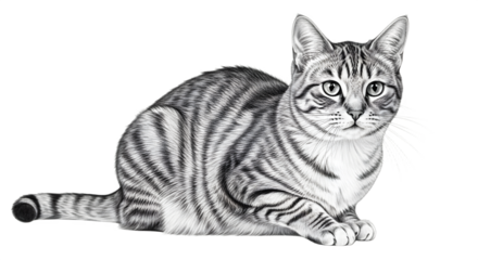 Striking tabby cat with captivating gaze sits gracefully showcasing intricate fur patterns.