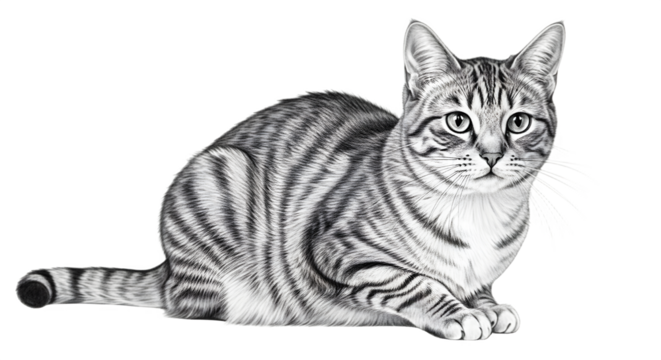 Striking tabby cat with captivating gaze sits gracefully showcasing intricate fur patterns.