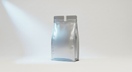 Realistic silver foil stand-up pouch product packaging mockup on a clean white studio background for branding presentation