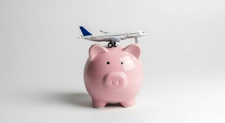 Pink piggy bank with a toy airplane on its back on white background money box savings