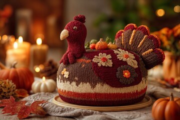 Handmade knitted thanksgiving turkey centerpiece on table