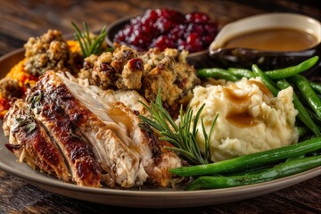 Thanksgiving feast plate with roasted turkey and sides