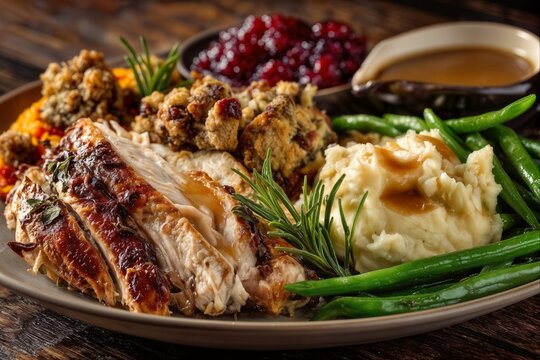 Thanksgiving feast plate with roasted turkey and sides