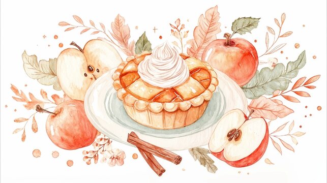 Autumn apple tart thanksgiving harvest watercolor illustration - Powered by Adobe