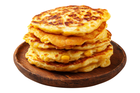 Cachapas sweet corn pancakes on wooden plate, isolated on white transparent background, concept of South American cuisine, breakfast or brunch