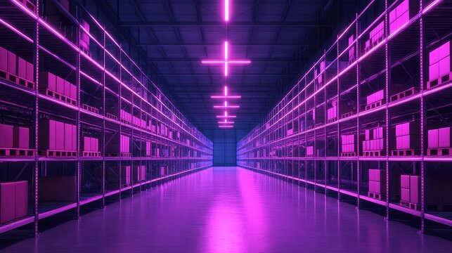 Futuristic warehouse interior with neon purple glowing light