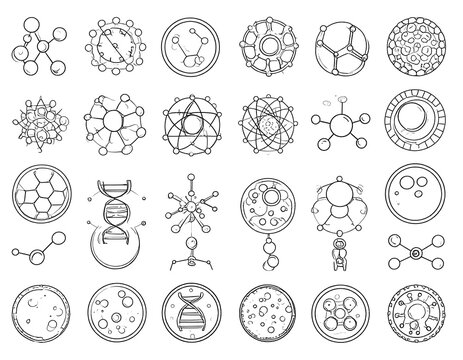 Collection of black and white line art icons depicting molecules and cellular structures
