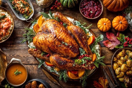 Golden roasted thanksgiving turkey garnished with citrus
