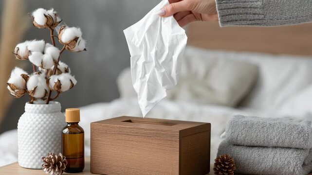 Hand pulling tissue from wooden box on bedside table in cozy bedroom, cotton flower decor, essential oil, pine cone, folded towels, calm atmosphere