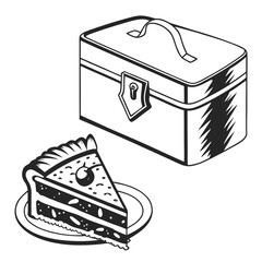 Detailed drawing shows a slice of pie near a rectangular box with handle
