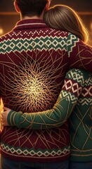 A loving couple embraces warmly in festive holiday sweaters celebrating their special connection