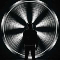 Mysterious silhouette of a man standing before a dynamic, light-painted circular vortex creating
